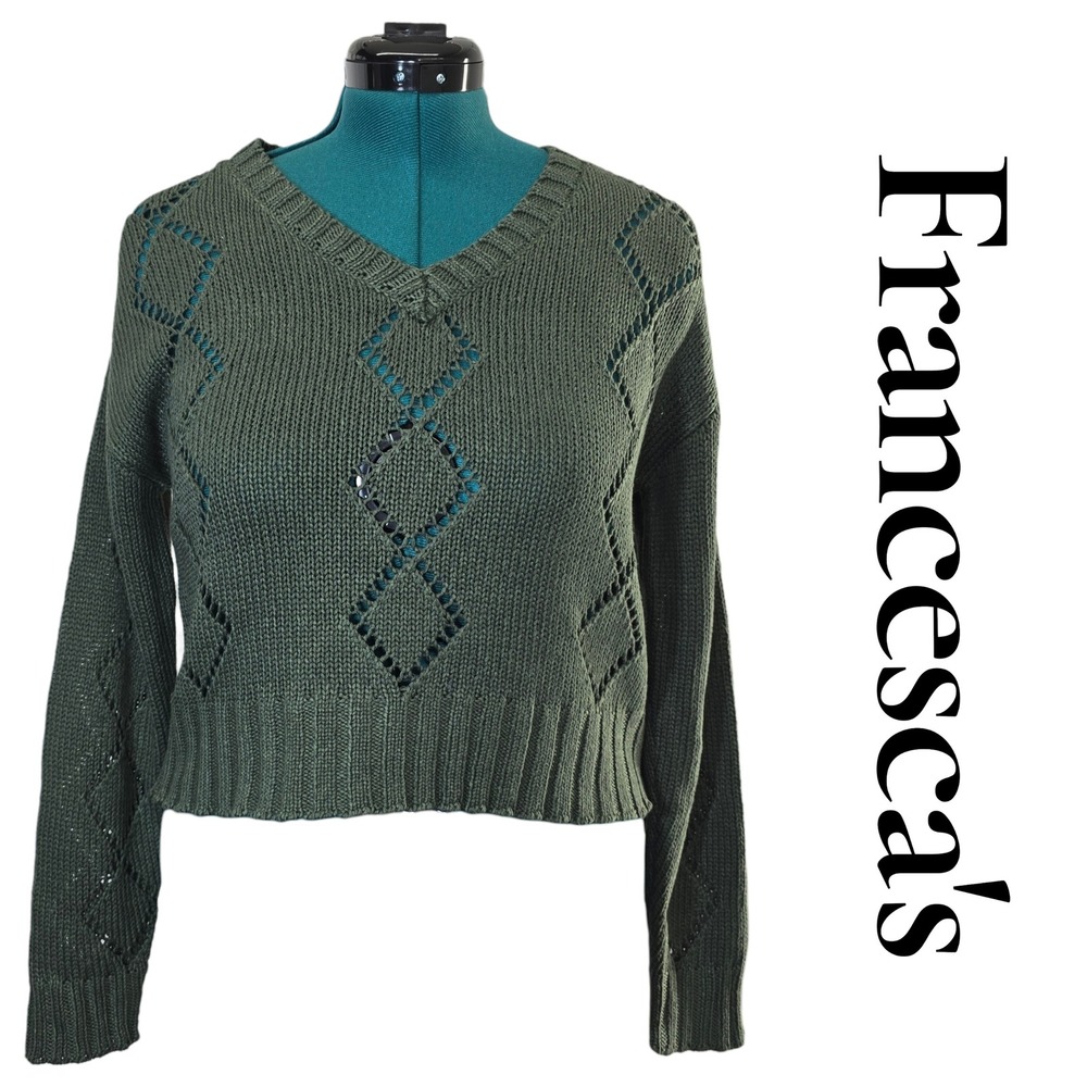 Francescas Olive Green V Neck Diamond Cutout Knit Sweater Size Small‎